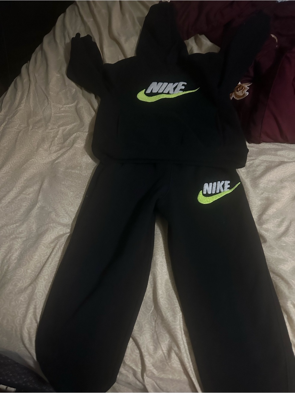 Nike Kids Black Sweatpants & Hoodie with Neon Green Swoosh
